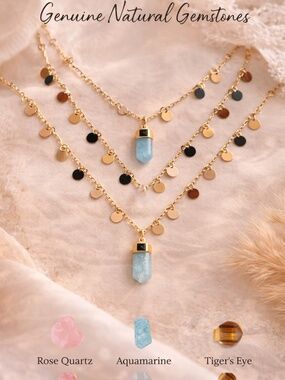 Natural Gemstone Pendant Necklace – Gold Tone Pink Quartz, Aquamarine, Tiger Eye